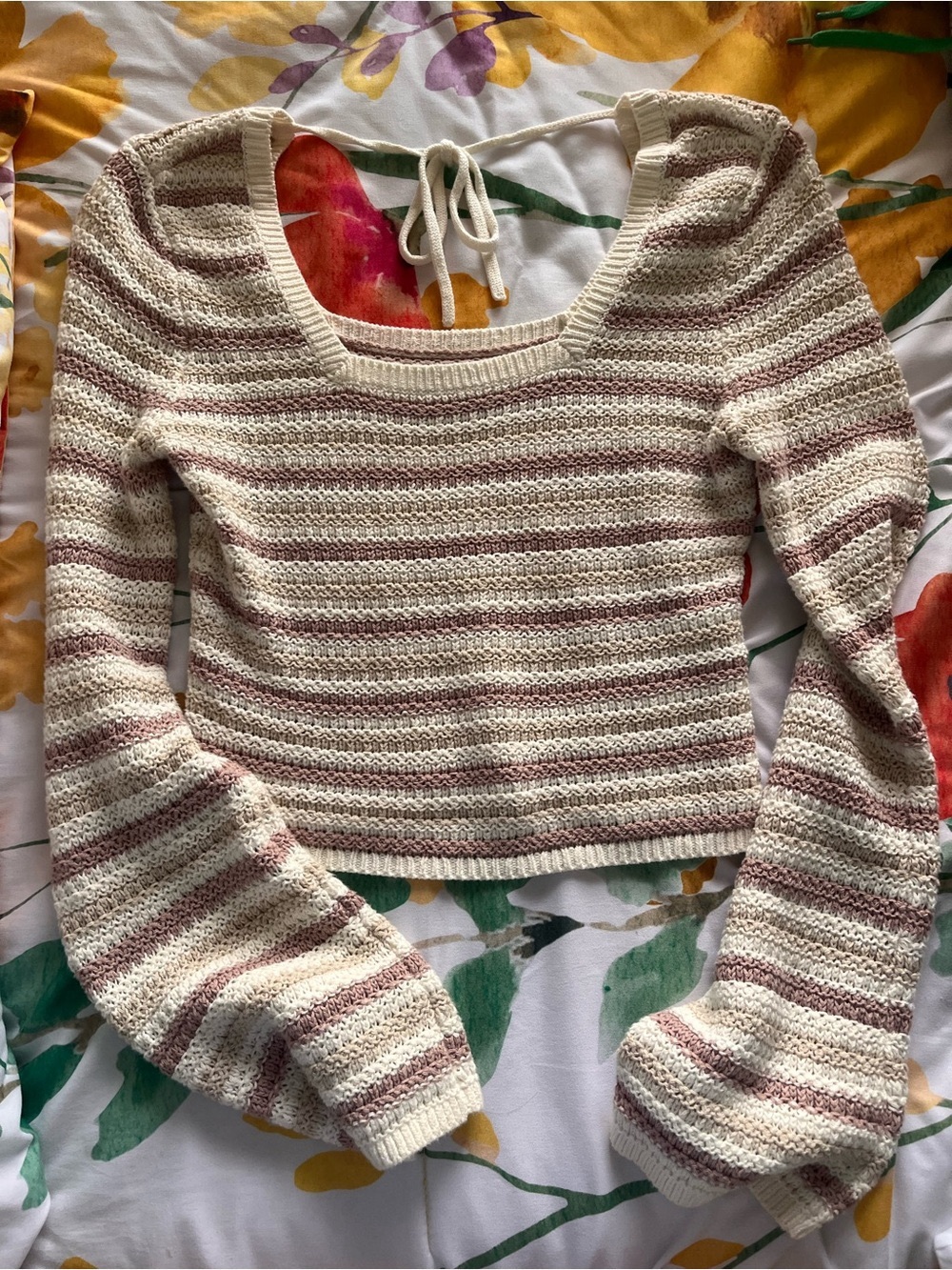 Hollister Cream and Mauve Striped Off-Shoulder Knit Sweater